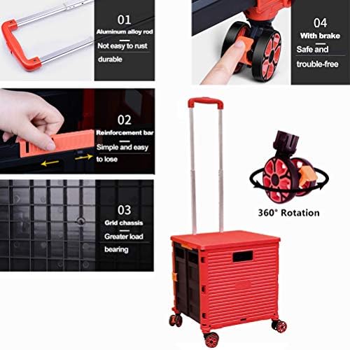 Foldable Utility Cart Folding Portable Rolling Crate Handcart Shopping Trolley Wheel Box with Lid Wear-Resistant Noiseless 360°Rotate Wheel for Travel Shopping Moving Storage Office Use (Red) - Image 6
