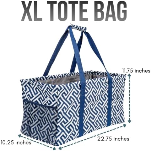 Extra Large Utility Tote Bag - Oversized Collapsible Reusable Wire Frame Rectangular Canvas Basket With Two Exterior Pockets For Beach, Pool, Laundry, Car Trunk, Storage - Geo Navy Blue - Image 4