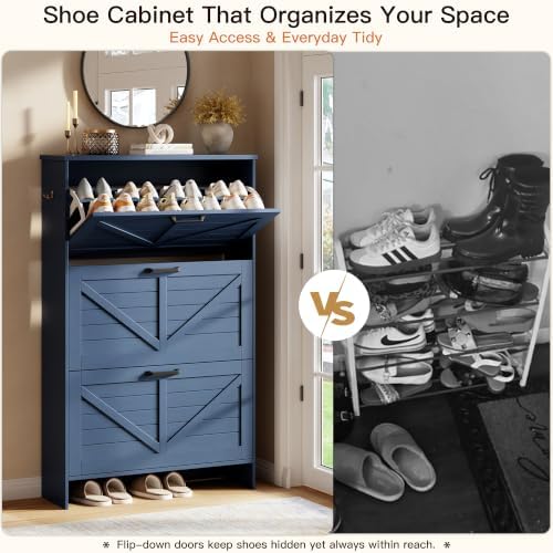 Nicetree Shoe Cabinet for Entryway, 3 Flip Drawers Shoe Storage Cabinet with 3-Tier Adjustable Shelves, Ultra Slim Freestanding Hidden Shoe Organizer with Barn Door Design, Navy Blue - Image 6
