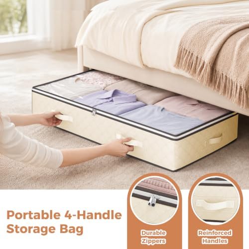 Budding Joy 95L Underbed Storage Containers, 4 Pack Closet Organizers Beige | Underbed Storage Bags for Blankets, Towels, Comforter, Sweaters, Linen Sheets, Wrapping Paper - Image 5