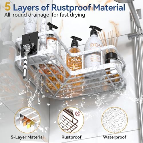 YASONIC Corner Shower Caddy Adhesive, 100% Rustproof Shower Organizer with Soap and Troothbrush Holder, No Drill Shower Shelf for Inside Shower, Wall-Mounted Shower Storage for Homes (5 Pack, White) - Image 4