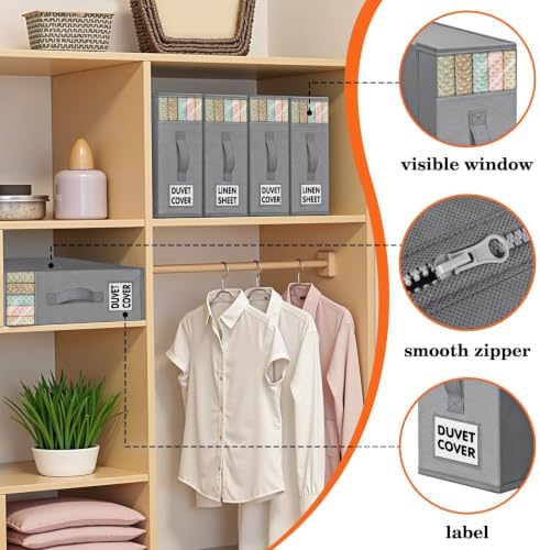 WOWBOX Sheet Organizers and Storage,Closet Bed Sheet Organizer Under Bed Storage and Organization with Label Cards & Clear Window for Bedding Sheets,Duvet Covers,Blankets (10 Pack，Gray) - Image 2