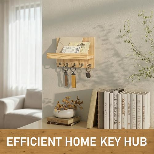 Rebee Vision Key Holder Wall Mount with 5 Hooks for Entryway, Original Wood - Image 4