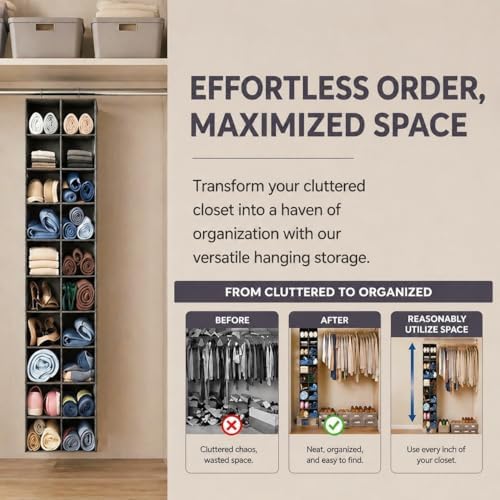 Hanging Shoe Organizer for Closet - 20 Extended Sections Closet Shoe Storage Rack with 8 Side Mesh Pockets, Foldable Shelves Holder for Shoes Clothes Shirts Jeans Hats - Image 6