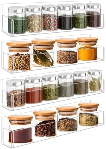 Acrylic Spice Rack Wall Mount-12 Inch, Clear Spice Shelf Storage Holder, 4 Pack Hanging Seasoning Rack Organizer for Cabinet Door, Cupboard or Wall Kitchen (Adhesive or Screw) by Douildhaiy