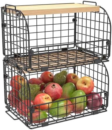 2 Set Stackable Wire Basket with Openable Top, Kitchen Counter, Pantry Organizer and Storage Produce Onion Potato Fruits Vegs Bread Food Snack Spice Organizing Bin for Cabinet Shelf Countertop Floor - Image 5