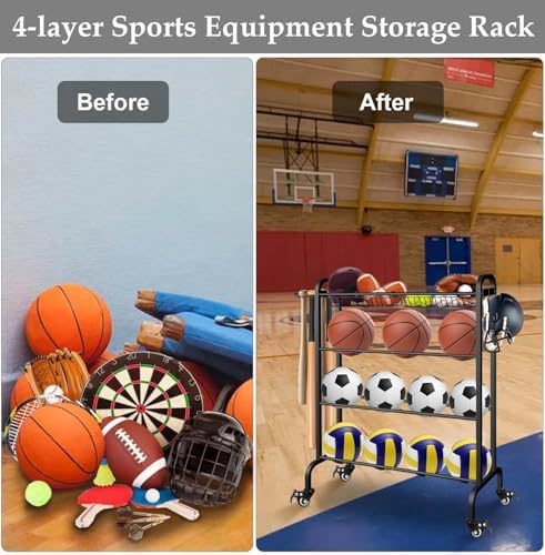 Ball Organizer with Wheels, 4 Tier Basketball Storage Cart, Black - Image 6