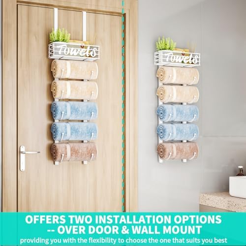 HapiRm Towel Racks for Bathroom Storage - 6 Tier Over The Door & Wall Mount Rolled Towel Storage Organizer Holder with Metal Shelf Basket for Small Bathroom, Camper, Rv - White, Patented - Image 2