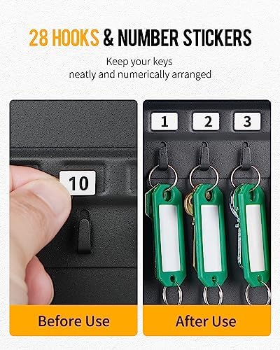 Uniclife Steel Key Cabinet Wall Mounted Organizer - 28 Keys, 2 Unlocking Keys - Black Frosted Security Box with Hooks and Color-Coded Labels - Image 4