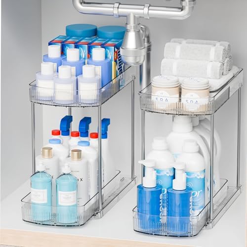 2 Pack Large Pull Out Bathroom Organizers and Storage,2 Tier 12.8″ Tall Sliding Kitchen Under Sink Organizer for Cleaning Products Storage,Acrylic Clear Bathroom inder Sink Organizer,Undersink Storage by Yieach