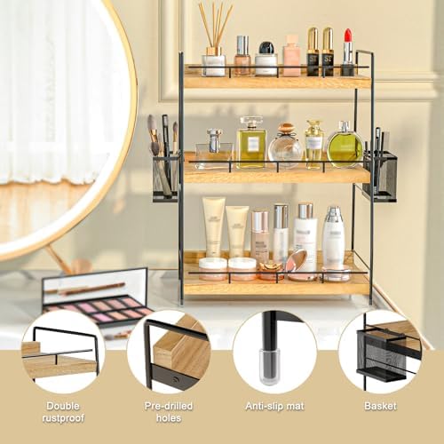 Wood 3 Tier Bathroom Counter Organizer with Side Baskets Fits Tall Bottles - Image 4