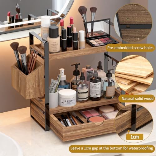 2-Tired Bathroom Counter Organizers and Storage, Bathroom Countertop Organizer with Drawer, Solid Wood Skincare Perfume Organizer for Vanity Kitchen Corner Shelf Office Countertop (Drak Brown) - Image 5