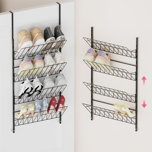 SWTYMIKI Over the Door Shoe Organizer - Adjustable 4 Tier Hanging Shoe Rack Organizer, Metal Heavy Duty Behind Door Storage or Wall Mount Shoes Shelf for Flats, Heels, Sneakers, Boots Black by SwtyMiki-TidyHomeSweetLife