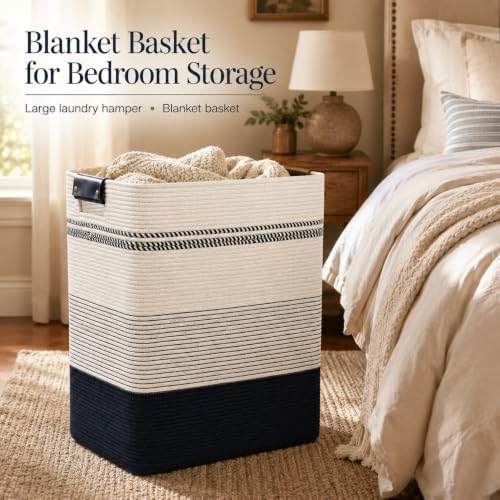 Laundry Hamper, Cotton Rope Laundry Basket with Leather Handles, 21.1-Gallon/80 L Large Clothes Hampers for Laundry, Woven Laundry Baskets for Blankets, Clothing, Bedroom, Living Room, Nursery - Image 3