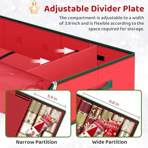 BlessedSeason Wrapping Paper Storage Organizer for 40 Inch Christmas Gifts Wrapping Paper, 2 Visible Supplies Pockets for Holiday Accessories, Christmas Decoration Storage Containers, Red - Image 3