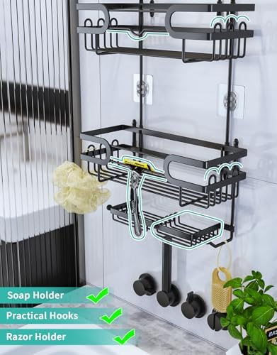 HapiRm Bathroom Hanging Shower Caddy - Rustproof & Waterproof Shower Shelf with 12 Hooks and 2 Soap Holders, No Drilling Bathroom Organizers and Storage - Black - Image 4