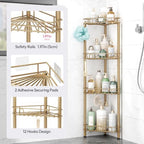 SWTYMIKI Standing Shower Caddy Corner - 4‑Tier Stainless Steel Shower Organizer Shelf with 12 Hooks and Adhesive Pads, Rustproof Corner Shelves Stand Rack for Bathroom Shower Room, Gold - Image 4