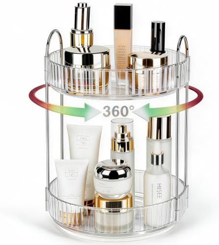 360 Rotating Makeup Organizer, 2 Tier Lazy Susan Bathroom Counter Organizer, Skincare Organizers, Spinning Perfume Organizer & Vanity Organizer Countertop (Silver Clear, 2 Tier) by Niluks
