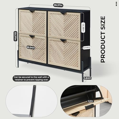 Shoe Cabinet with 4 Flip Drawers, Narrow Entryway Rack, Oak&Black - Image 2