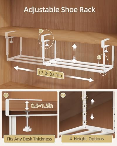 2 Pack Expandable Shoe Rack Organizer for Cabinet, Adjustable Hanging Under Shelf Storage, Sturdy Round Tube Design, Space Saving Shoe Shelf for Closet, Entryway, Laundry Room, White - Image 5