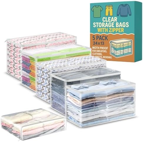 Clothes Storage Bag, Sweater Bags Moth Proof, Clothing, Linen, 24x13, 5 Pk by Houseables