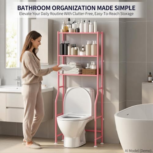 3-Tier Over Toilet Storage, Anti-Tip, 64" H, Pink - Image 3