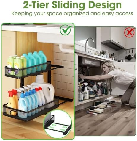 Under Sink Organizer 2-Pack, Metal 2-Tier Pull-Out Cabinet Shelf with Slide-Out Mesh Drawers, Height Adjustable, Space-Saving Under Sink Storage Racks for Kitchen, Bathroom, Laundry Room - Image 3