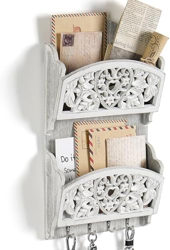 Key and Mail Holder for Wall, 2-Slot Mail Organizer Wall Mount 4 Key Hooks by JAZUIHA