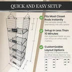 DECOLURE 5-Tier Adjustable Hanging Closet Organizer – Maximize Hanging Storage w/ 4 Hanging Hooks, 8 S Hooks & 5 Name Plates - Sturdy Foldable Wire Storage Hanging Shelves for Clothes, Towels (Black) - Image 2