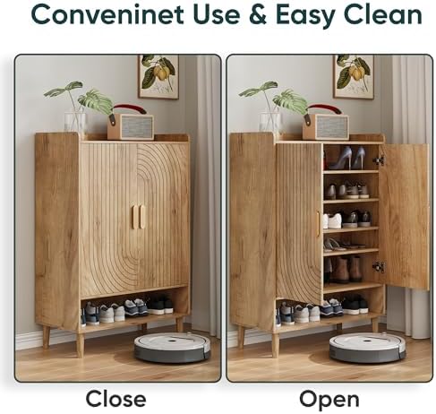 Smuxee Oak Shoe Cabinet with Line Groove Design, 6-Tier Shoe Storage Cabinet with Adjustable Shelves, Freestanding Shoe Organizer Cabinet for Entryway, Hallway, Closet, Living Room - Image 7
