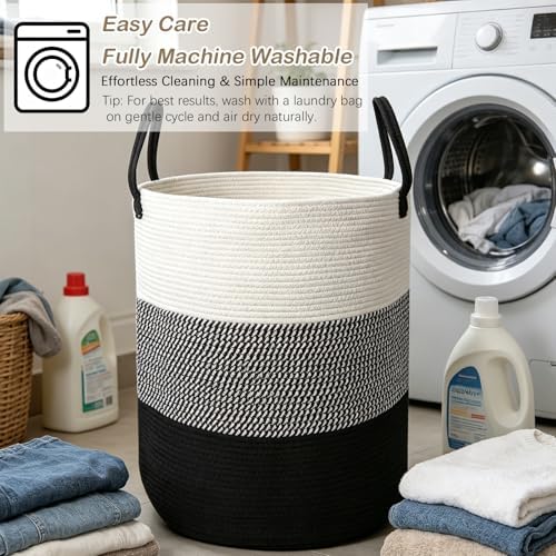 70L Woven Laundry Basket,Large Clothes Hamper with Handles-Black - Image 6