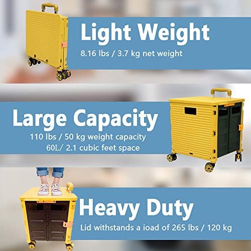 FELICON SELORSS Foldable Utility Cart Folding Portable Rolling Crate-Yellow - Image 3
