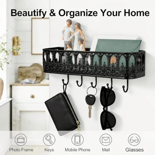 Vintage Key Holder Shelf Wall Mount Metal Mail Rack with 5 Hooks, Black - Image 7