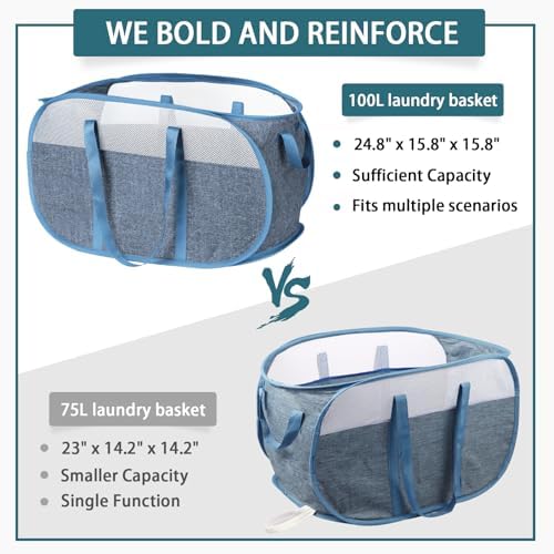 100L Collapsible Laundry Baskets, Tear Proof Pop Up Laundry Hamper with Dual Handles, Large Foldable Laundry Basket, Easy to Carry Laundry Hamper for Home, Laundry Room, Bedroom, Dorm, Travel Blue - Image 5