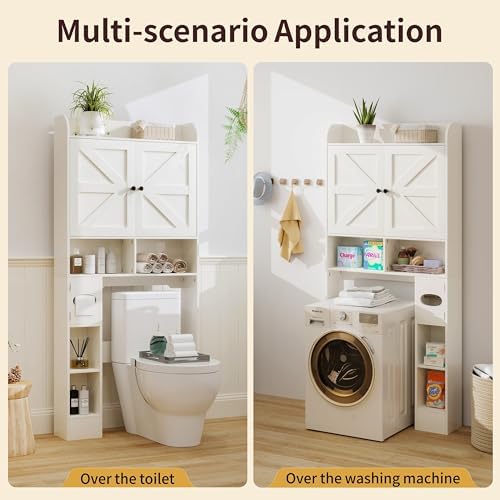 Vipbear Over The Toilet Storage Cabinet, 32.3” W Farmhouse Bathroom Storage Cabinet Above Toilet with Toilet Paper Holder and Barn Doors, Freestanding Restroom Organizer Space Saving Rack, White - Image 6