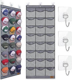 Hat Organizer for Baseball Caps - 24 Pockets, Oxford Cloth Hat Storage with Moisture-Proof Mesh, Visible Hat Rack for Wall & Door with 3 No-Drill Adhesive Hooks, Grey Hat Holder for Bedroom by Amoowis