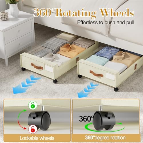Yecaye 60L Under Bed Storage with Wheels, 4 Pack, Beige | 360° Rolling Wheels, Clear Lids & Label, Reinforced Handle, Rolling Metal Drawers for Clothes, Blankets, Shoes in Bedroom - Image 4