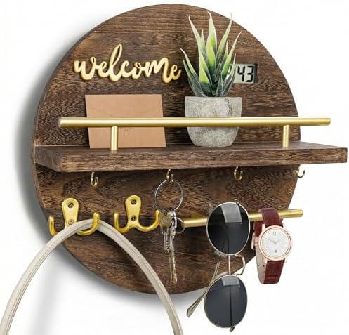 Key Holder for Wall, Key and Mail Holder Organizer with - Key Holder Wall Mount - Round Wooden Rustic Home Decor for Entryway, Mudroom, Hallway, Kitchen Office (Brown&Gold) by LEIRUOTM