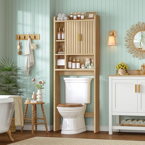 TEENFON Over The Toilet Storage Cabinet with 4 Open Shelves and Adjustable Shelf, Extra Tall Bathroom Organizer Unit with 2 Wood Doors, Home Space Saver for Bathroom, Laundry Room, Natural - Image 2