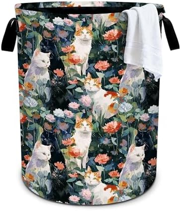 Cat Flowers Laundry Basket Storage Bin Foldable Laundry Hamper Clothes Storage Bucket Organizer 19.6x15.7 Inch For Laundry Room/Bedroom/Bathroom by Bzocm