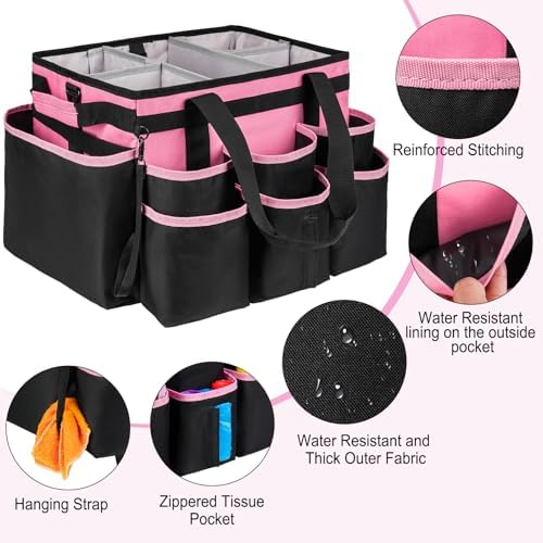 Large Rolling Cleaning Caddy Bag with Detachable Trolley,Cleaning Cart on Wheels with Shoulder Strap,Cleaning Supplies Organizer for Housekeepers,PInk - Image 4