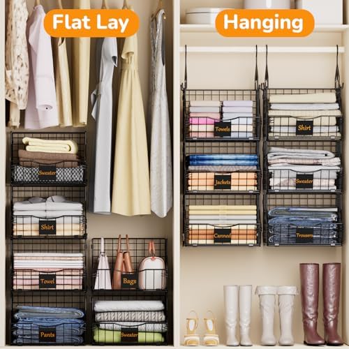 Hanging Closet Organizers and Storage, 3 Tier Closet Shelf Clothes Organizer with 2 S-Hooks, Multi-Functional Iron Wire Baskets, for Clothing, Sweaters, Handbags, Hat, Canned - Image 4