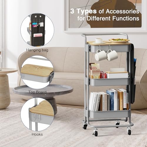DTK 3-Tier Rolling Cart with Table Top, Metal Utility Cart with Side Bags - Image 5