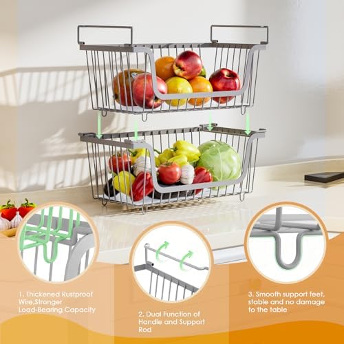 4 Pcs Stackable Wire Baskets for Pantry Organizers and Storage, Gray - Image 4