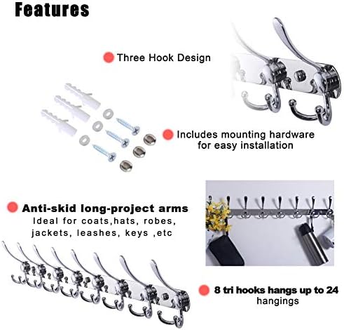Dseap Coat Rack Wall Mount - 29.5” Long 8-Tri-Hooks Heavy Duty Coat Hanger Rail Wall Hooks for Hanging Coats Hats Clothing Clothes Purse Mudroom Entryway, Chromed - Image 5