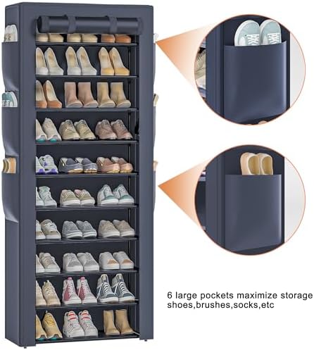 OYREL Shoe Rack Dustproof Sturdy 10Tier Tall Large Storage with Side Pocket - Image 5