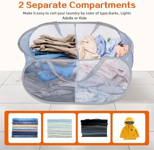 Sturdy Collapsible Laundry Baskets, Foldable Pop Up Laundry Hamper, Durable 2 Compartments Laundry Basket, Handy Pocket & Easy to Sort Clothes Hampers for Laundry, Dorm, Kids Room, Travel Grey - Image 3