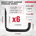 SEDY 6 Pack Heavy Duty Garage Hooks, Ladder Hooks for Garage Wall, Each Holds Up to 66 LB, 9.8 Inch EVA-Padded Steel Utility Hangers for Bikes, Folding Chairs, Garden Hoses and Tools - Image 2