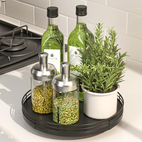 Oroyutor 9-Inch Oak Lazy Susan Spice Organizer, Black Finish - Image 3