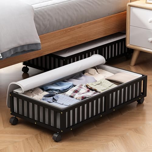 2 Pack Large Bamboo Under Bed Storage Containers with Wheels, Black | Underbed Drawer Storage with Bag, Wood Rolling Underbed Organizer for Shoes, Sheets Clothes Blanket Comforter, Under Crib Toy by MHXWSXPN